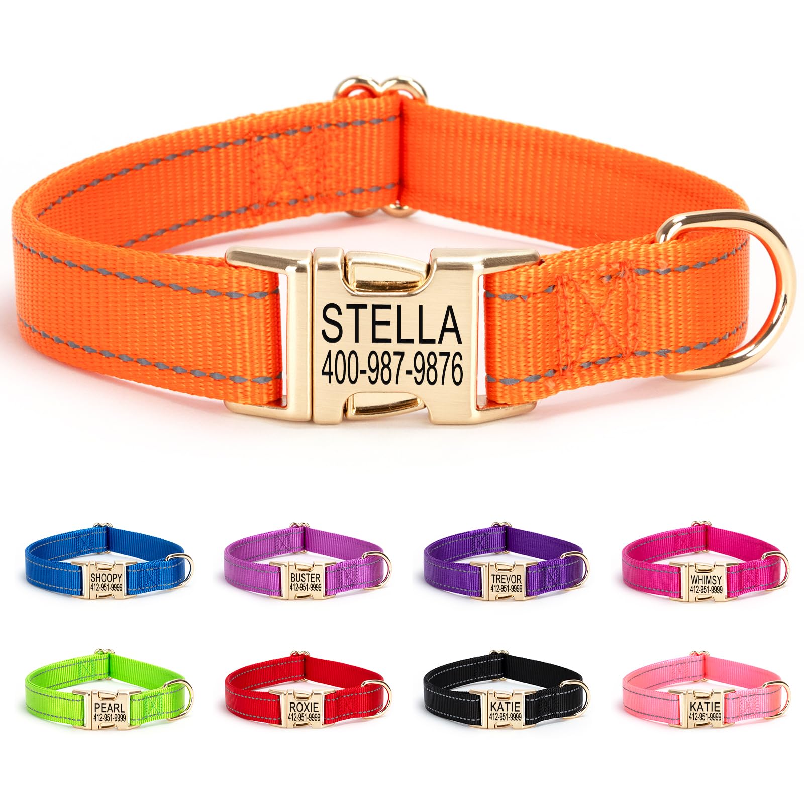 Personalized Nylon Dog Collar with Engraved Golden Buckle, Orange — image 1