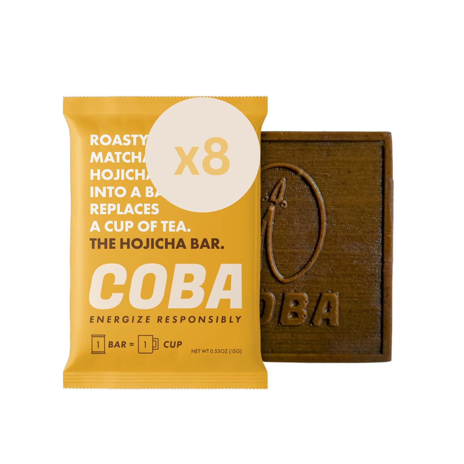 COBA Caffeinated Coffee Chocolate [1 Bar = 1 Cup of Hojicha] - Energy Boost, Portable, All Natural Caffeine for Gym, Travel, Daily Use - Gluten Free, Non GMO (8 Pack, Hojicha)