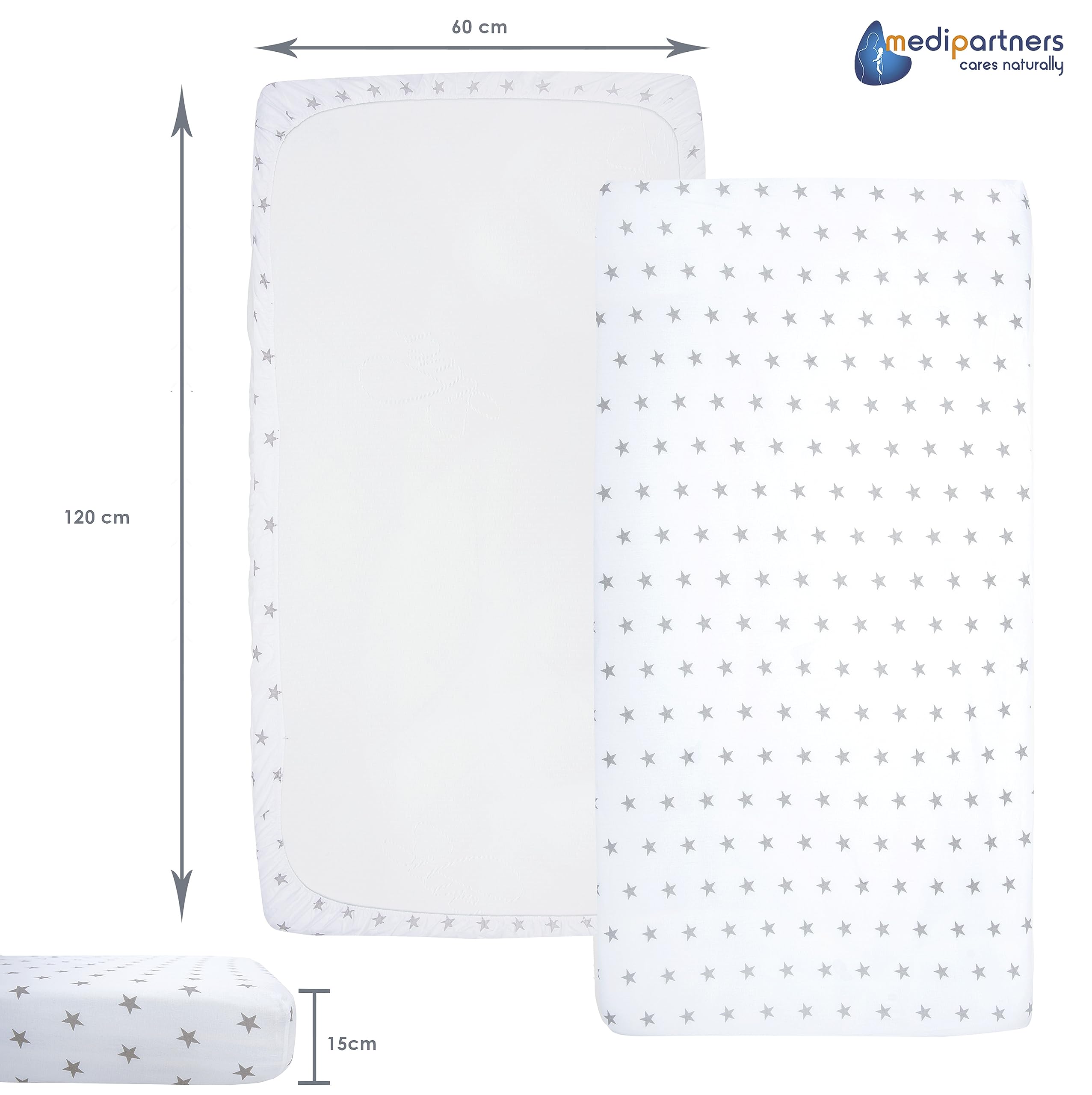 Medi Partners Set of 3 pcs. Fitted Sheet 60x120 cm 100% Cotton Baby Bed Linen Mattress Cot, Grey Stars-white-grey, Three pack - Image 4