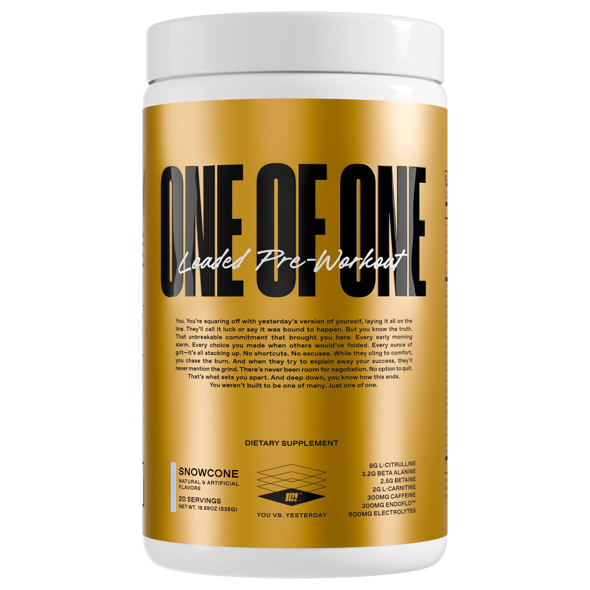 ONE OF ONE Pré-treino em pó com cafeína, L-citrulina, beta-alanina e betaína anidra, 300 mg, 20 porções, sabor Snow Cone