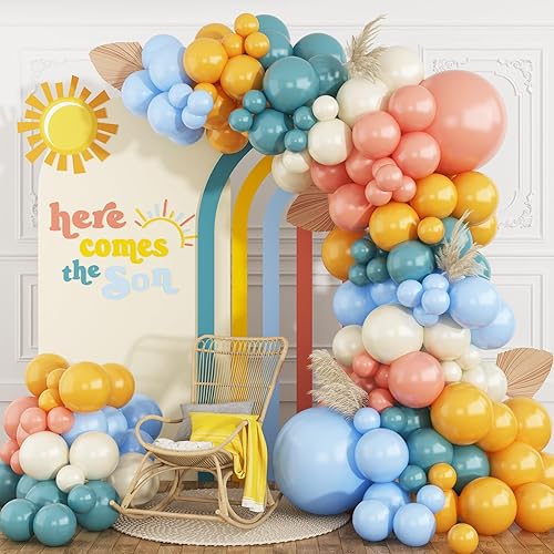 Kit de guirnalda de arco de globos retro bohemios, 101 globos retro azul y naranja, decoración colorida para fiesta de baby shower