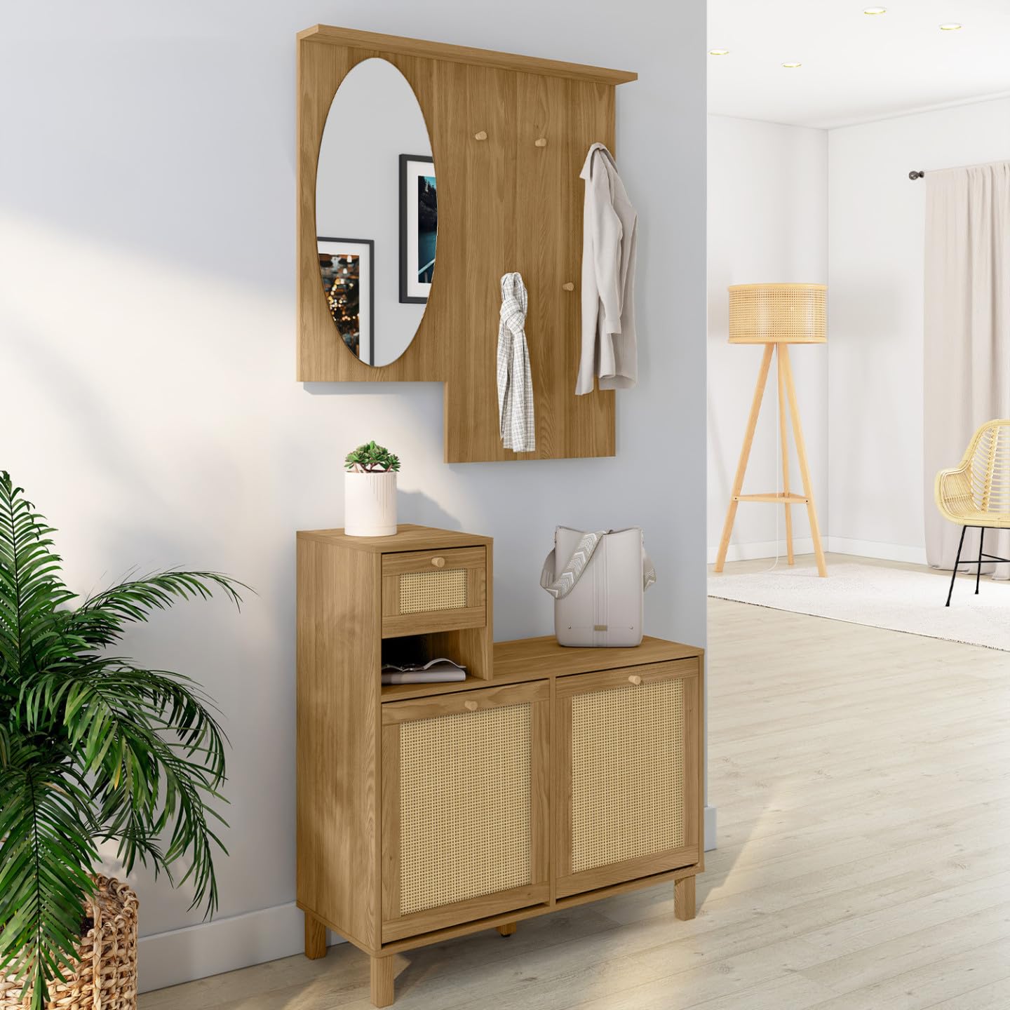 IDMarket - Vestiaire d'entrée avec Miroir HANAE Effet Naturel cannage