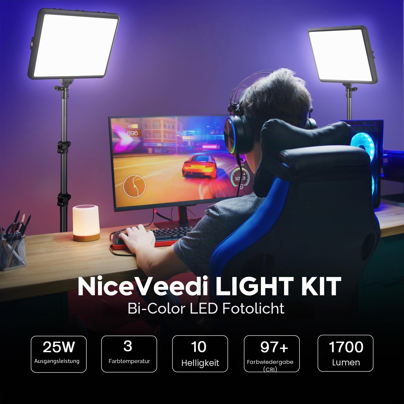 2-Pack Fotografie Beleuchtung Kit, NiceVeedi 25W LED Video Licht Kit, 2900-7000K Dimmbare Studio Licht mit Stativständer und Ladegerät, 185cm Stream Licht für Videoaufnahme, Schießen, YouTube