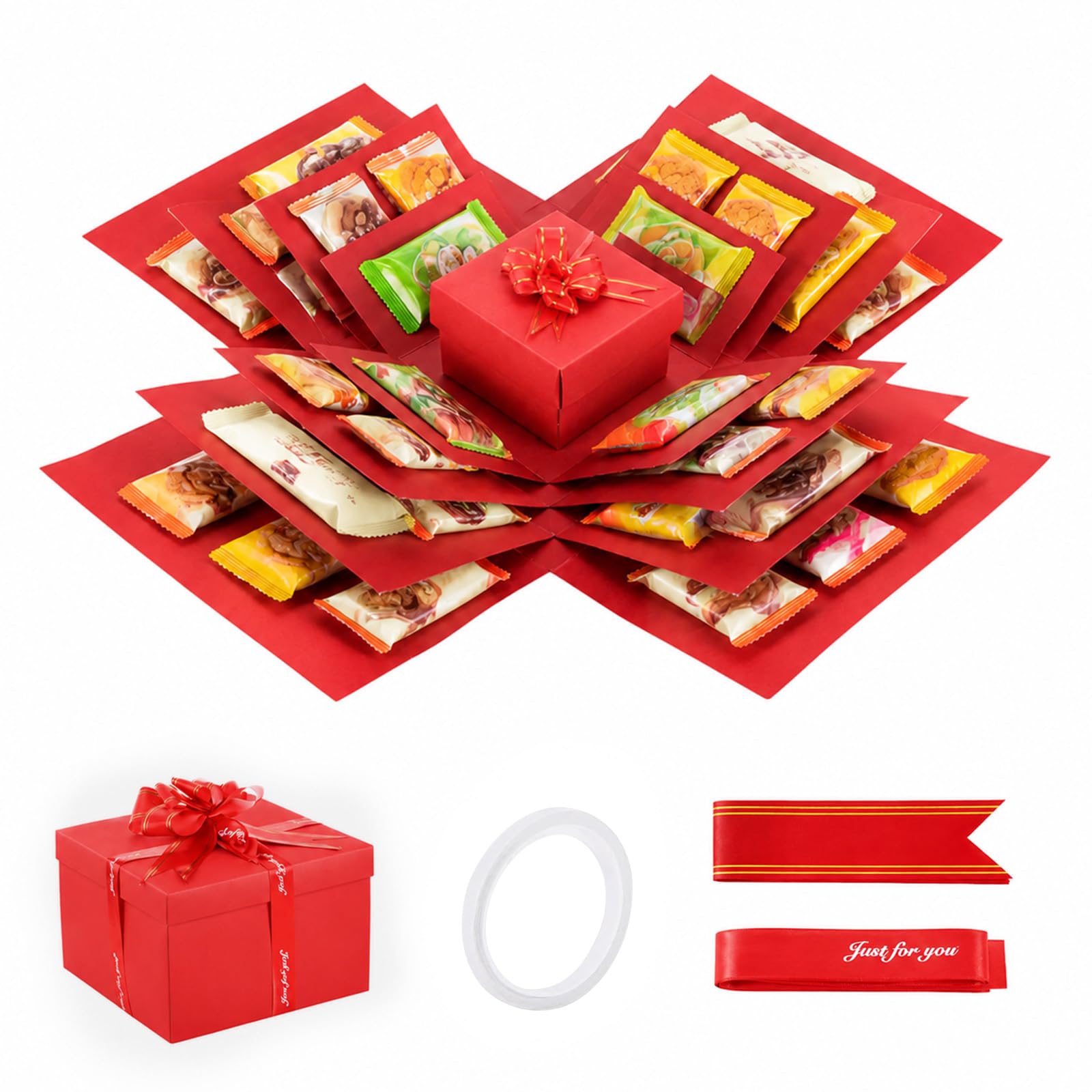 Minifactory Explosion Gift Box DIY 5 Layer Surprise Box Scrapbook Photo Album Creative Explosion Box with Tape & Ribbon for Birthday Anniversary Valentine’s Day Gift Memory Box (Red)