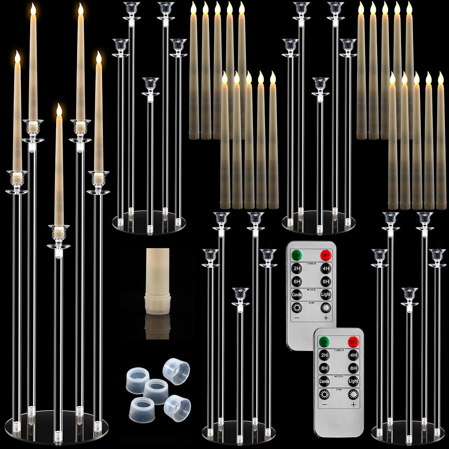 Barydat 4 Set 5 Arms Acrylic Candelabra Centerpieces for Wedding, Clear Candlesticks Holders with 20 LED Candles 2 Remote Timer 22 Rubber Candle Rings for Halloween Christmas Party Dinner Decoration