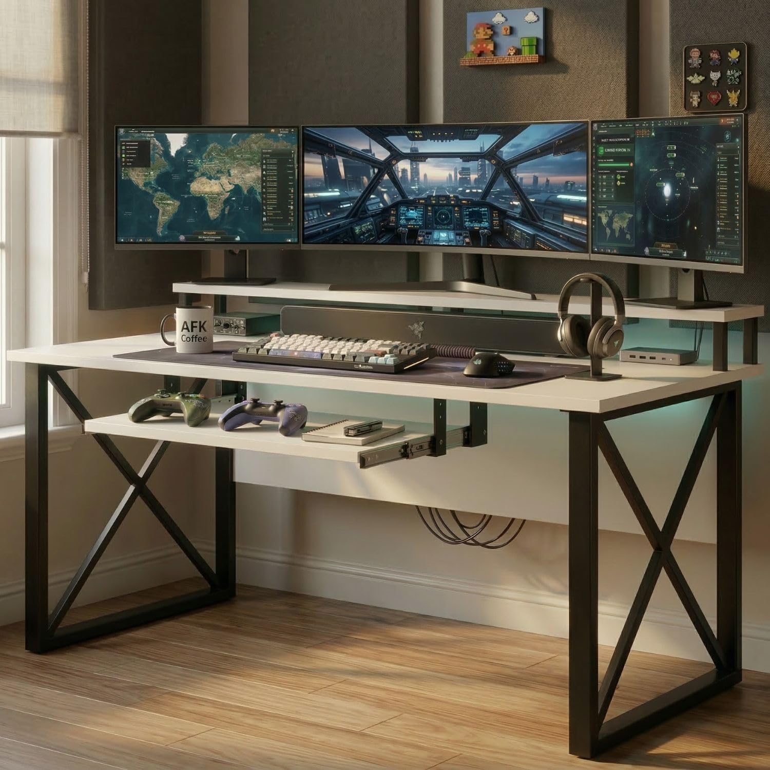 FFO Gaming Desk | Music Studio Desk with Keyboard Tray | Workstation,Laptop PC Computer, Laptop PC Computer Table for Gaming & Home Office| (White) | (150L x 60W x 87H CM) | DIY