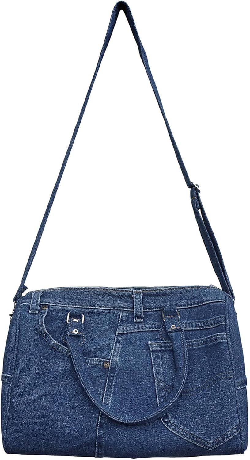 Upcycling Blue Denim Jeans Large Doctor Style Double Top Handle Convertible Shoulder Handbag Purse BNL100 (Dark Shade)