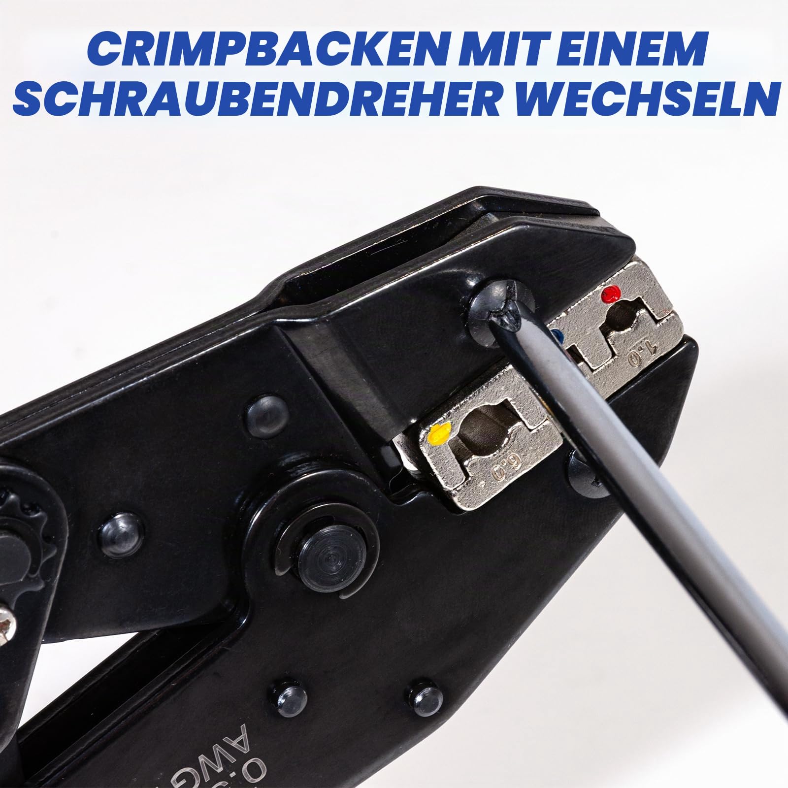Crimpzange Set 6-tlg, Wechselbacken und Ratschen-Krimperzange | Für Schrumpfschläuche, isolierte Nylonkabel, nicht isolierte Kabel, Aderendhülsen, offene Kabelschuhe, Solar/PV Stecker