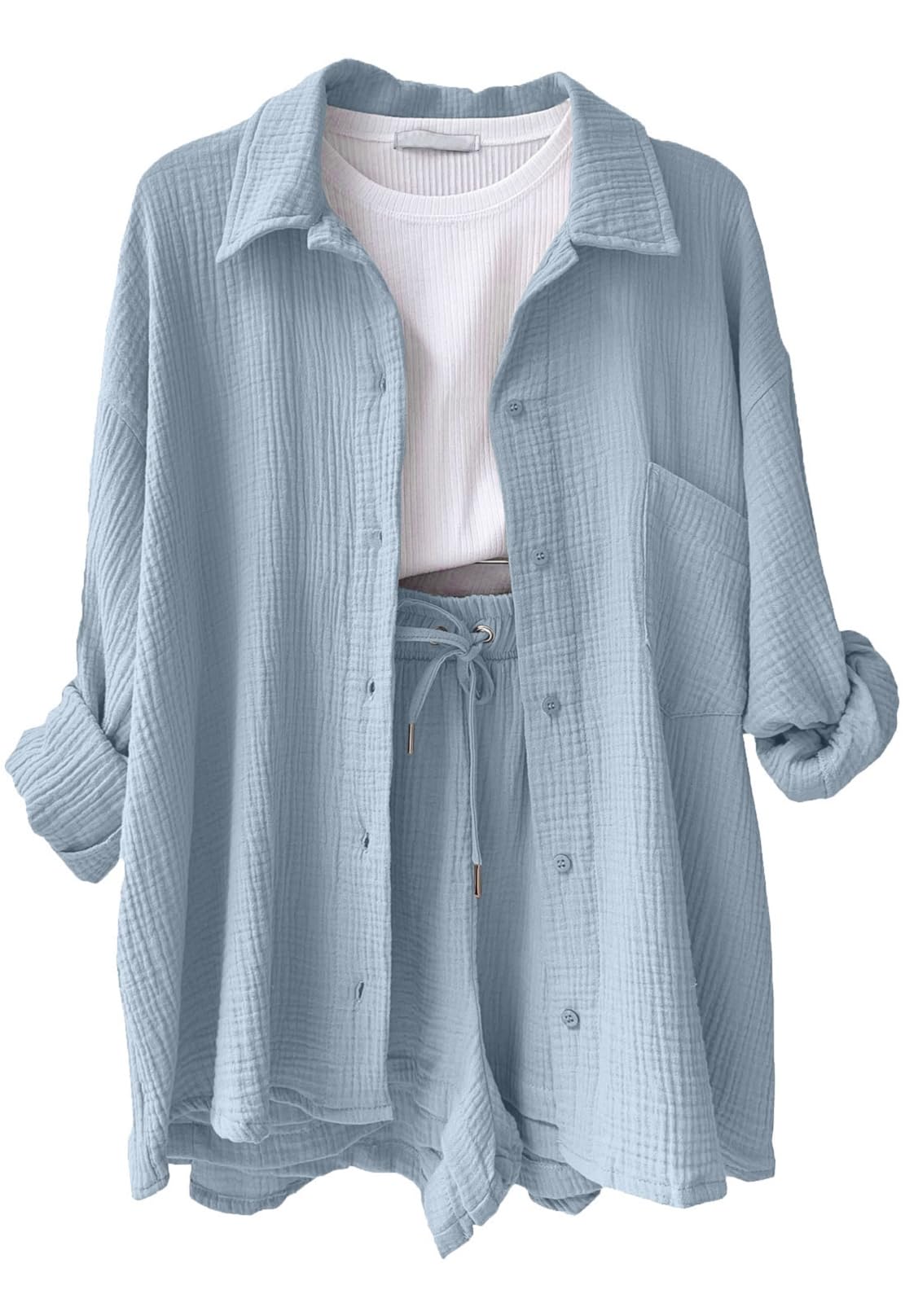 CheChury Conjunto de 2 Piezas de Verano Mujer Lino Casual Camisa y Pantalón Corto