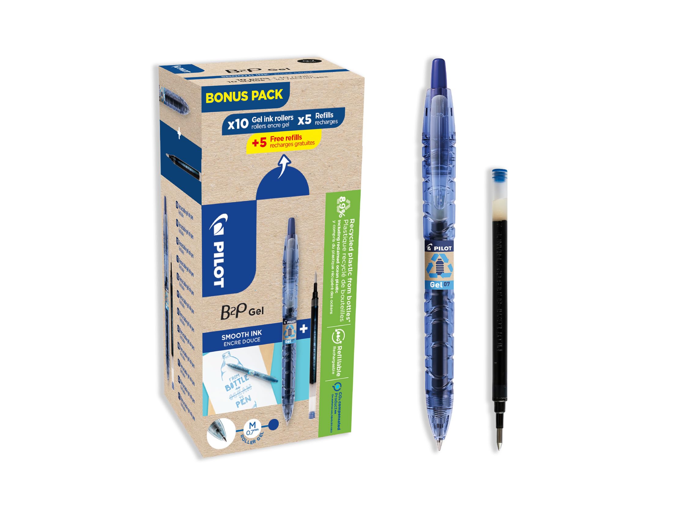 Pilot Greenpack B2P Eco Gel, 0.7mm, Blue, 10 Pens and 10 Refills, WLT556206