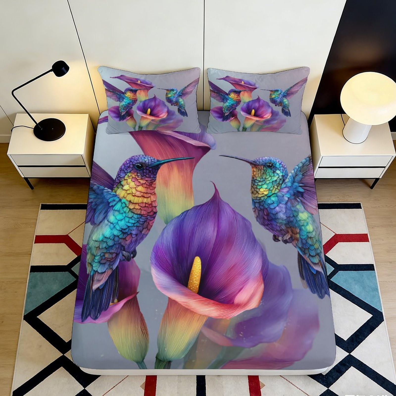 3D Printed Hummingbird Flower Fitted Sheet Microfiber Soft Vibrant Bed Cover for Bedroom Guest Room Decor Mattress Protection 90x200x25cm
