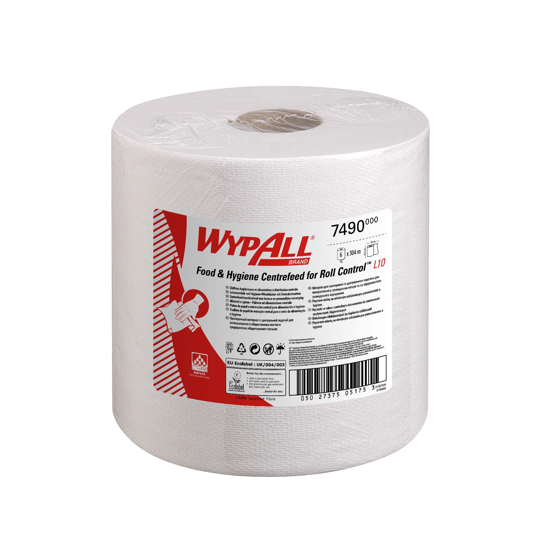 Ręczniki papierowe do żywności i higieniczne WypAll 7490 L10 z centralnym odwijaniem pasujące do dozownika Roll Control, 1-warstwowy, biały (6 rolek x 630 arkuszy)