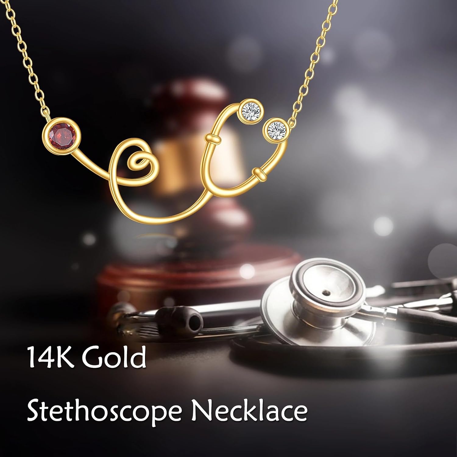 Solid 14K Gold Stethoscope Necklace for Women,14kt Real Gold Heart Stethoscope Pendant Necklaces with Garnet Jewelry Gifts Birthday Christmas Gifts for Her Nurse Doctor Medical Students,16+2 inch
