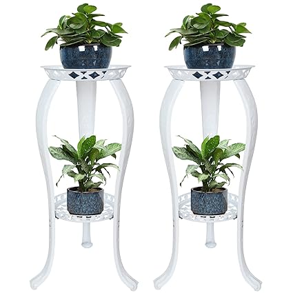 Jotboom 2 Tiers Steel Plant Stand Indoor Metal Plant Shelf Rack Iron Flower Potted Stand Flower Holder Shelf for Plants in Balcony Porch Patio Living Room Entryway (Set of 2,White)