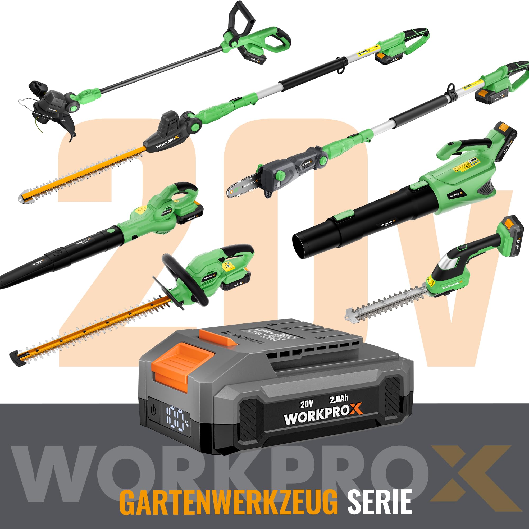 WORKPROX Heckenschere Akku 20V mit 2,0Ah Batteie & Typ-C Ladekabel, Elektrischer Heckentrimmer Schnittlänge 51cm, Schneidedurchmesser 18mm, Heckenschneider Ideal für Garten, Hecken & Sträucher