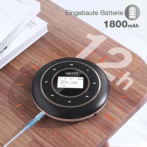 HOTT C105 Portable CD Player FM Transmitter Rechargeable Compact CD Player with Touch Buttons Backlit Display Black