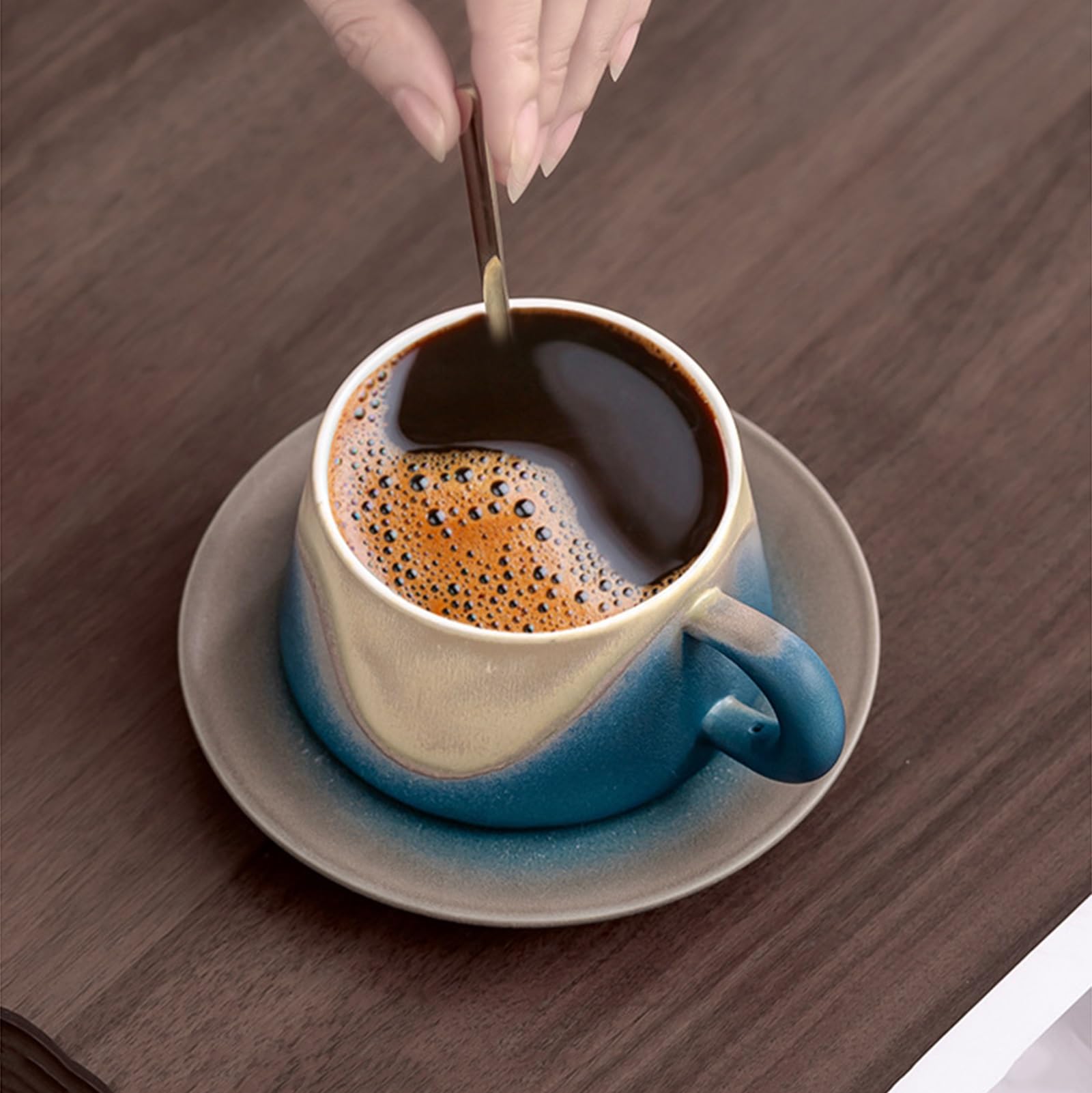 Ceramiczny kubek do espresso i spodek, z pasującym spodkiem i złotą łyżką, ceramiczny kubek na wodę, kubek do herbaty 237 ml (pomarańczowy)