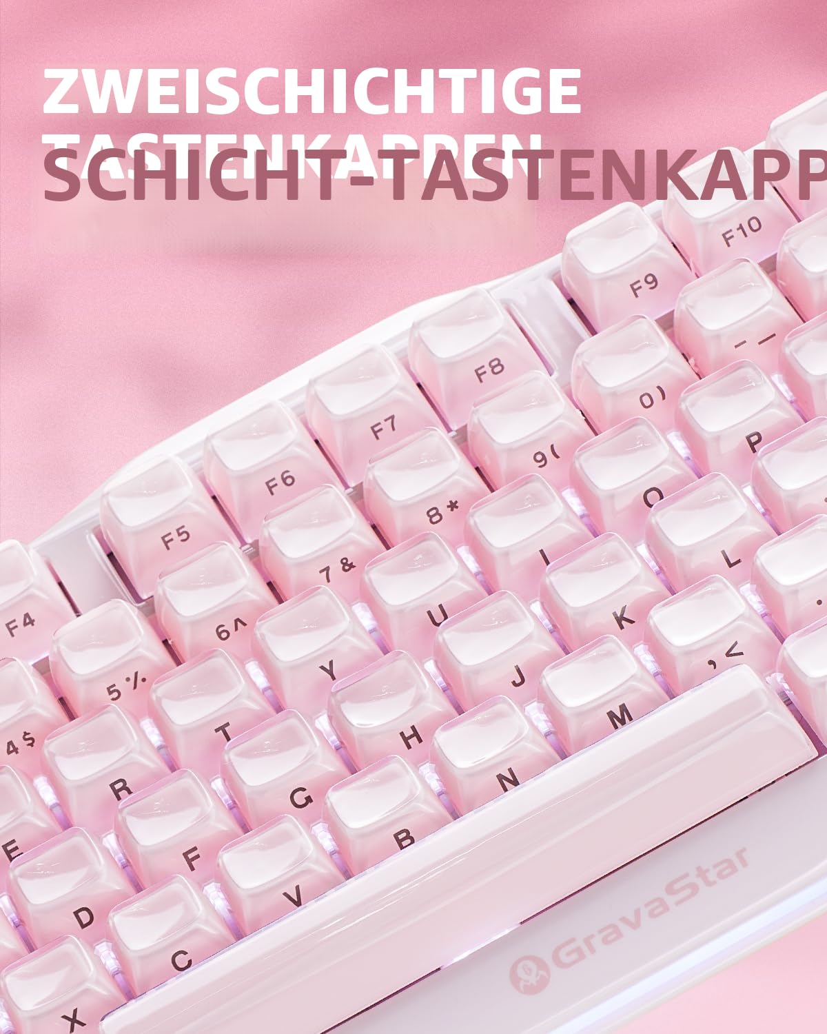 GravaStar Mercury K1 Mechanische Tastatur, 75% Wireless Gaming Tastatur, Hot Swap, Gasket, RGB Tri-Mode, PBT-Tastenkappen, 8000mAh, Aluminiumrahmen, Farbverlauf Rosa