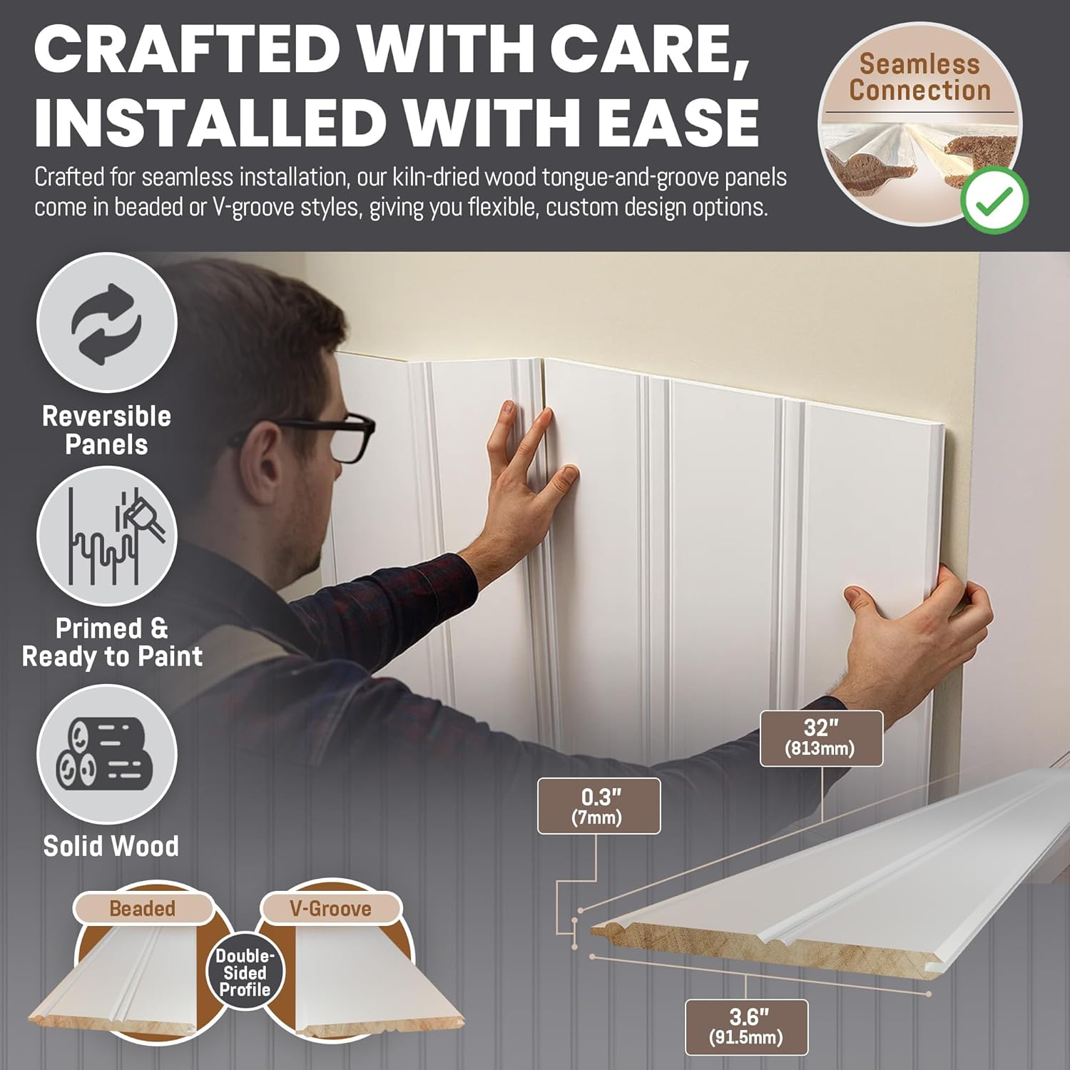 Interwood Real Wood Beadboard Wainscoting Panels - Primed Tongue and Groove Pine Solid Wood Wall Panels, 32” Tall, Knot-Free Interior Wall Paneling, Ready to Paint, 24 Planks (Covers 7 Lin. Ft.)