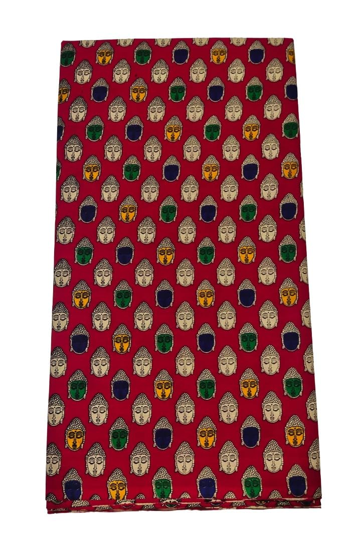 Kalamkari Buddha Print Design Unstitched Multi Color Fabric, Unstiched Blouse Material (Red, 1 Meter)-image-29