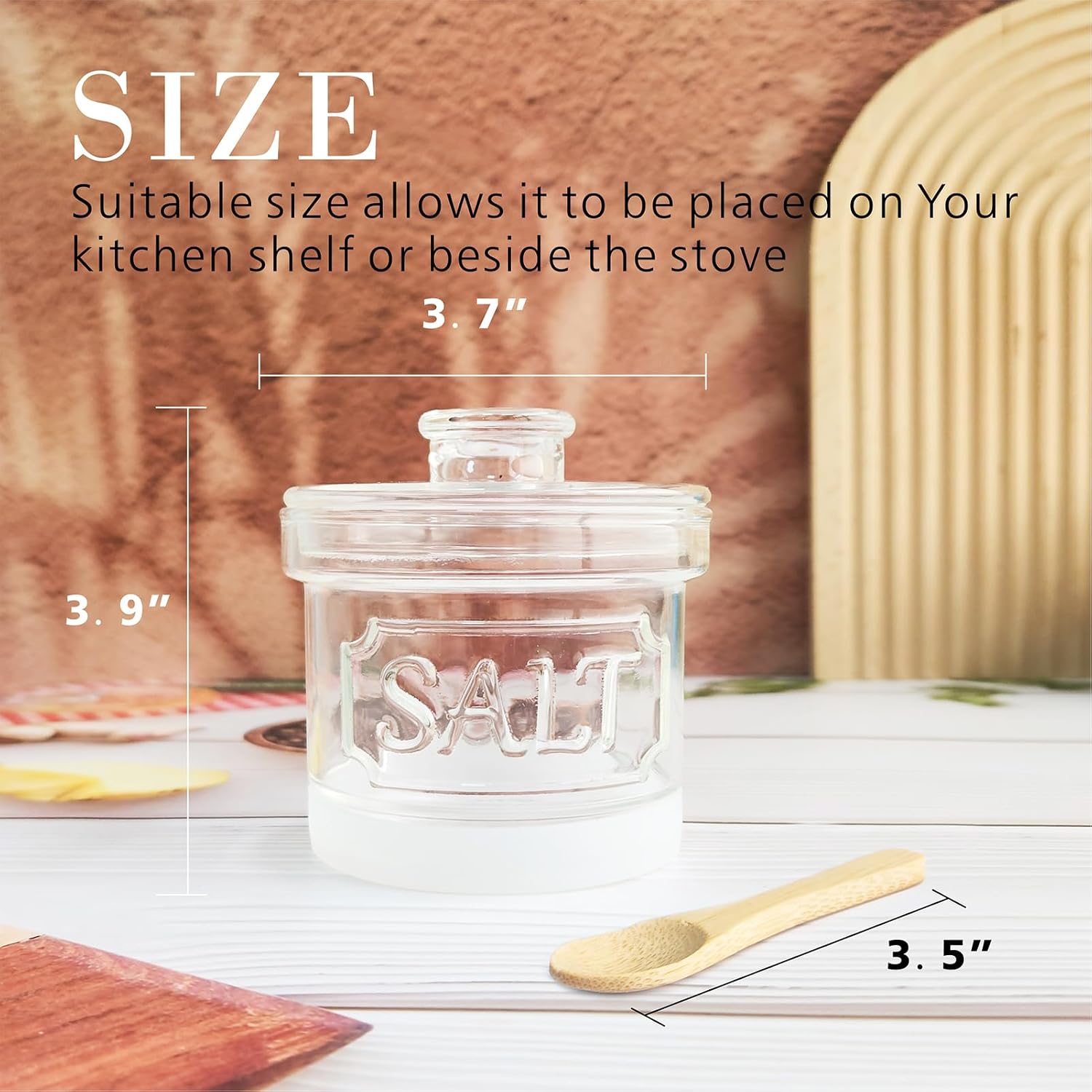 Glass Salt Cellar with Lid Salt Container with Spoon for Countertop Embossed Pattern Salt Box for Storing Sea Salt Flaky Salt Spice 12oz Capacity Holder, Dishwasher Safe