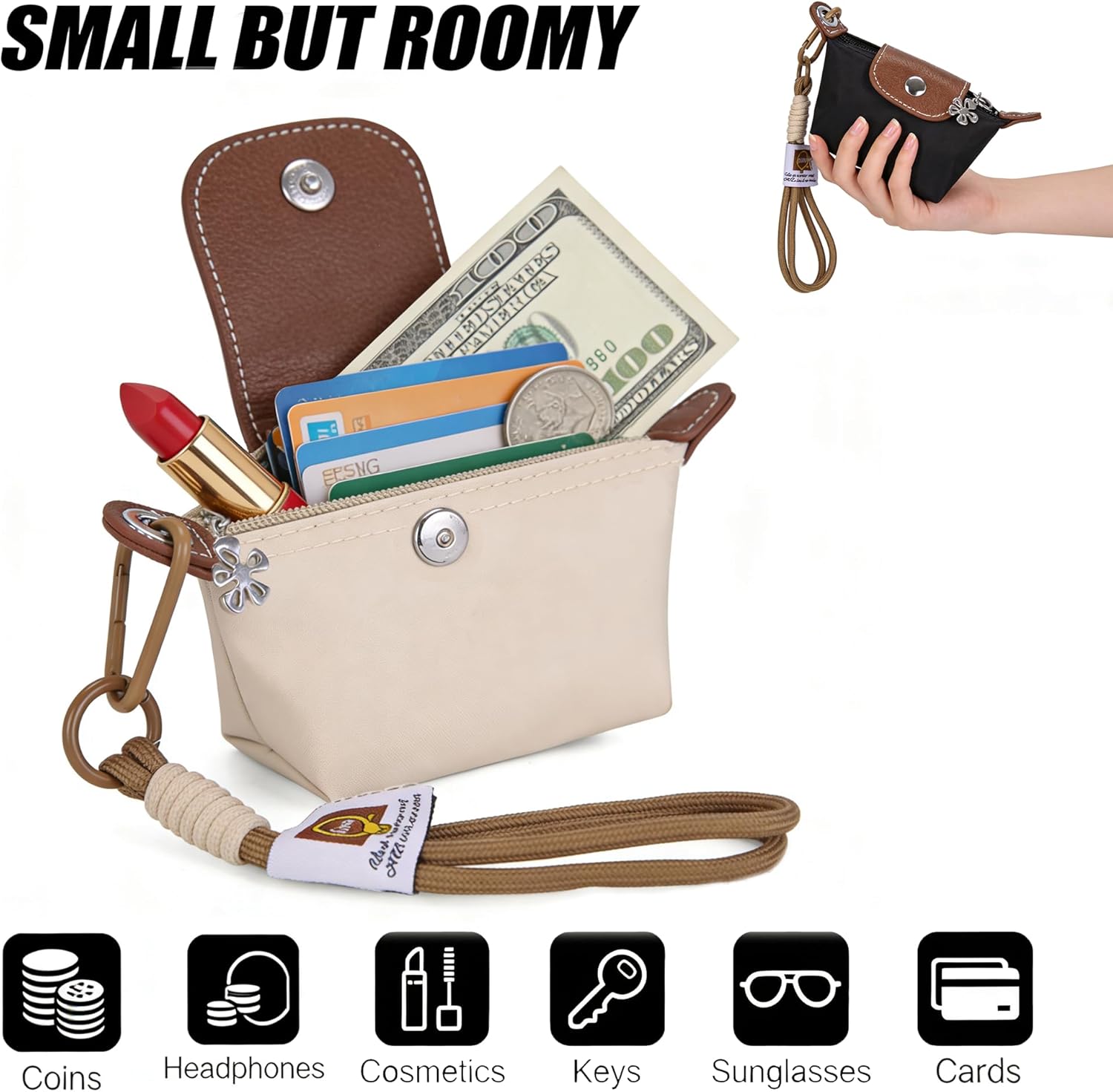 Fashion Mini Coin Purse for Women, Nylon Change Purse Zipper Wallet with Keychain for Cards, Cash, and Coins (Yellow) - Image 3