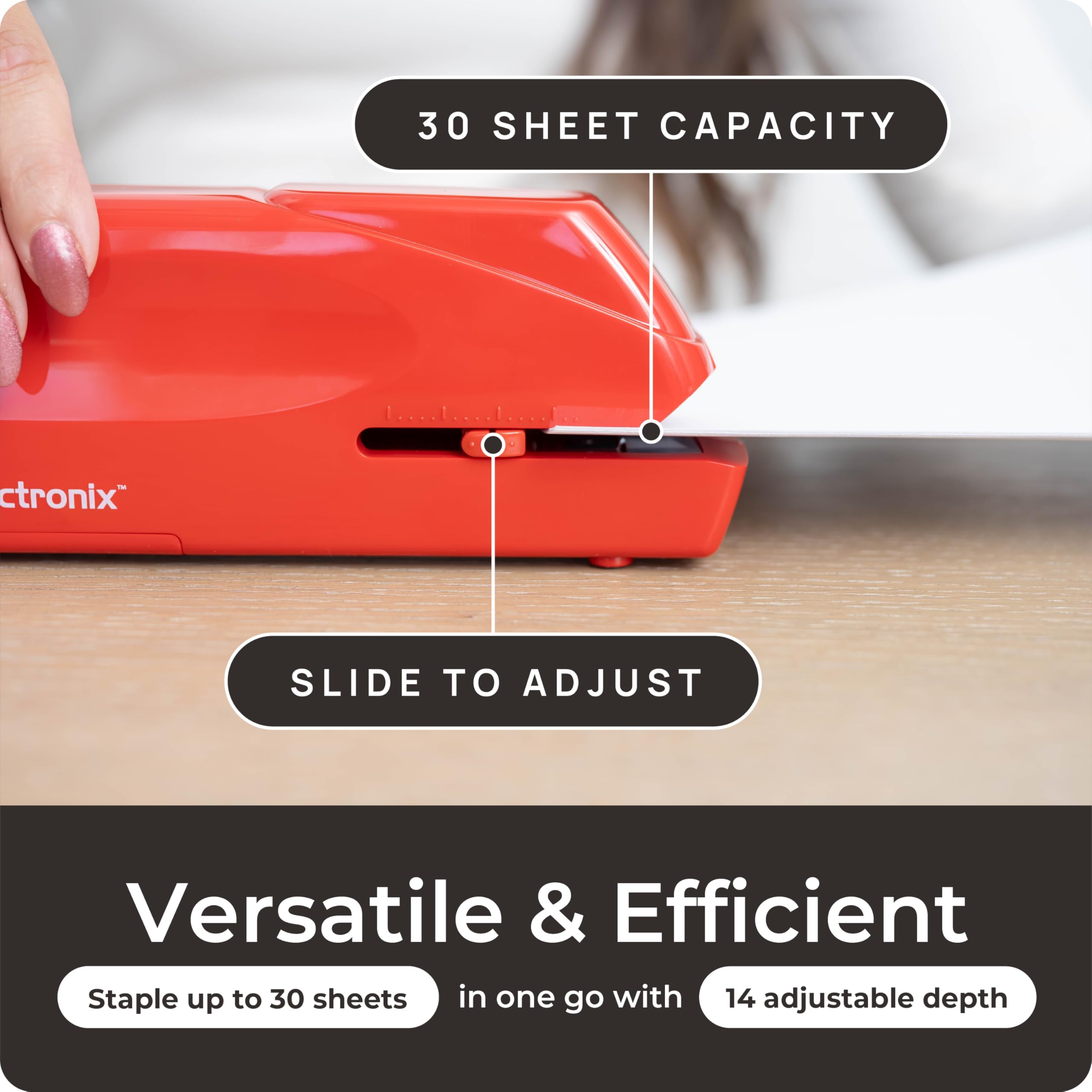 EcoElectronix Agrafeuse électrique automatique portable, capacité de 30 feuilles, fonctionnement silencieux, sans bourrage et recharge facile, adaptateur secteur/alimentation par piles (rouge)