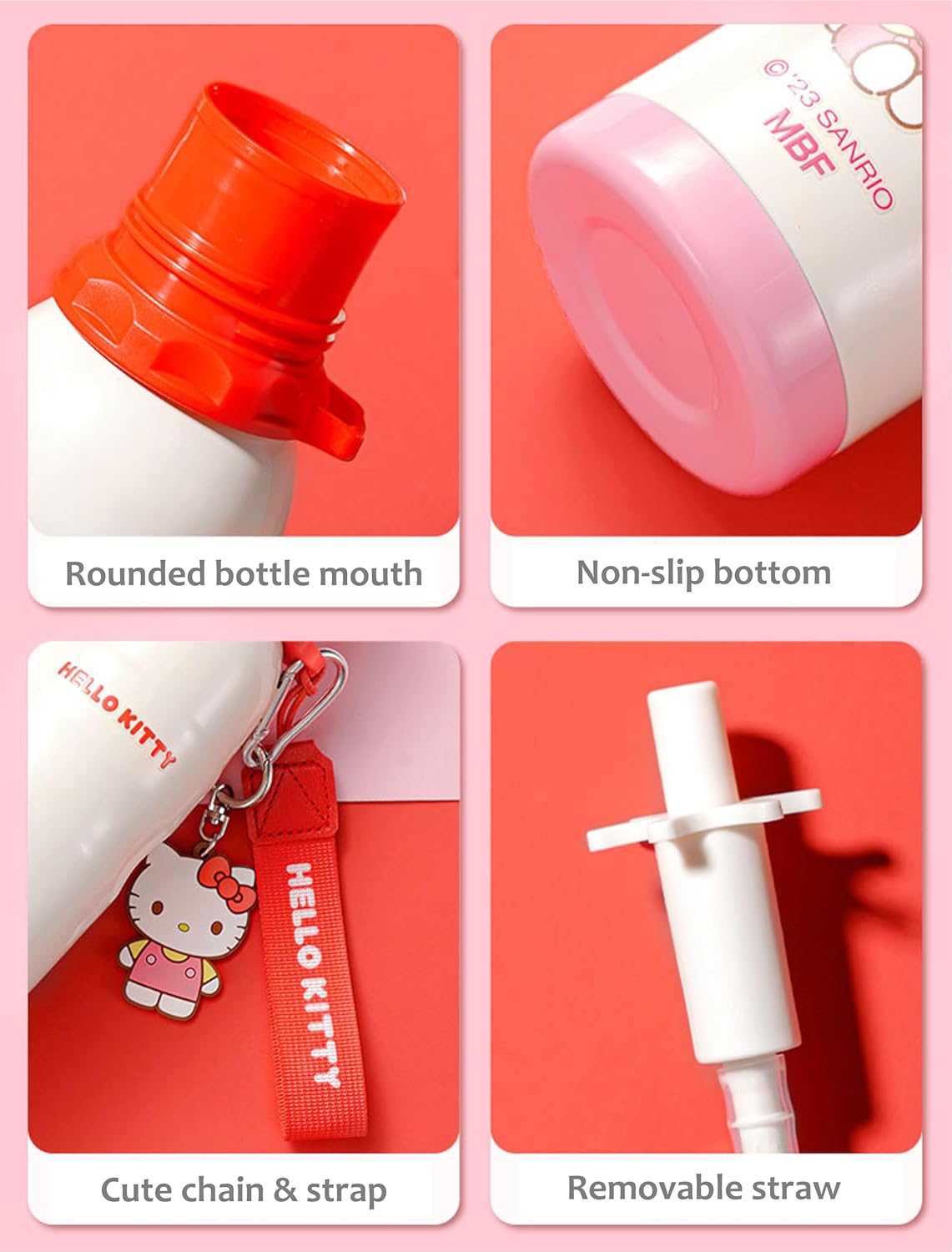 Hello Kitty Stainless Steel Insulated Water Bottle with Key Chain and Strap - Pink 600ml