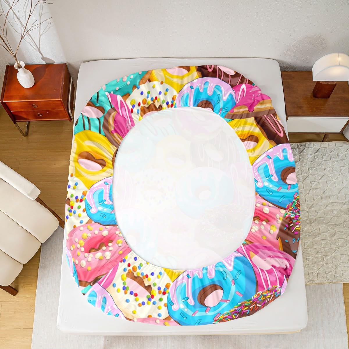 Colorful Donut Fitted Sheet,3D Print Sweet Dessert Bedding Set for Kids Girls Teens Adults,Cute Lovely Food Doughnut Bed Sheet with 2 Pillowcases(No Top Sheet),Queen Size 3 Pcs