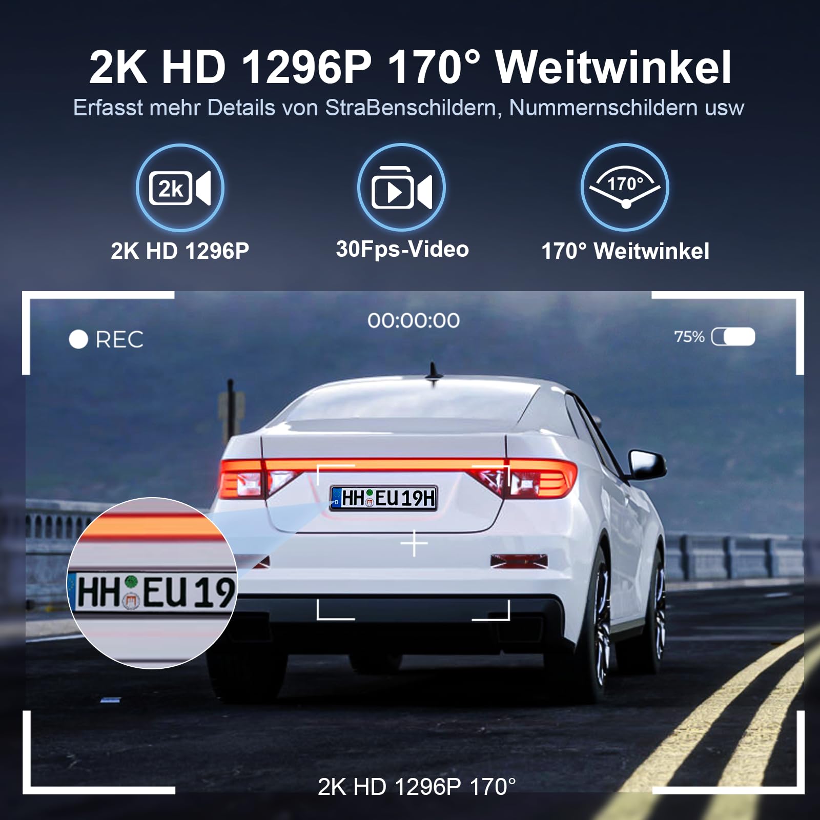 Dashcam Caméra Tableau Bord WiFi 2K Avant Voiture, Caméra Voiture 1296P Surveillance Stationnement, ADAS, Super Vision Nocturne, WDR, Grand Angle 170°, Capteur G, Enregistrement Boucle, Contrôle APP