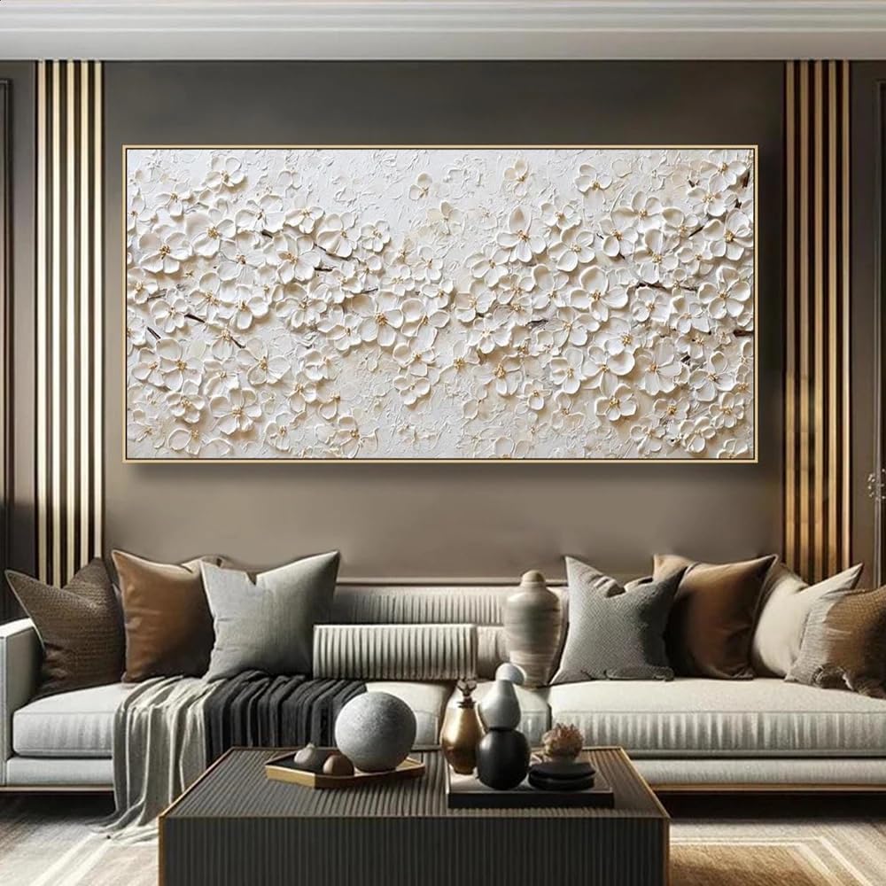 SDVIB Quadro con fiori bianchi su tela, decorazione murale floreale con texture, elegante e neutra, con motivi botanici, moderno (90x180 cm/Senza cornice)