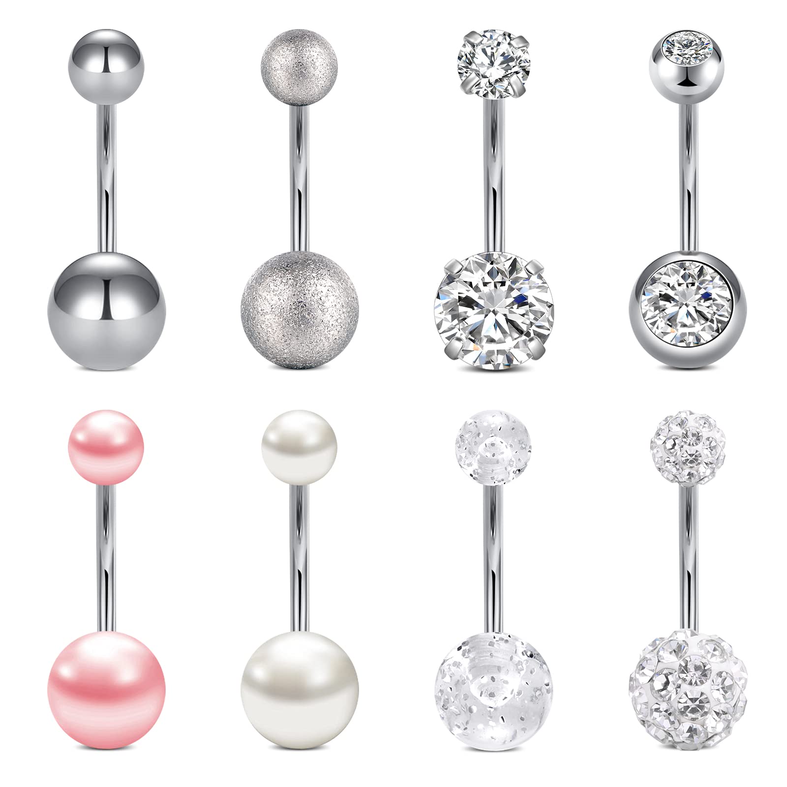 incaton 8 Piezas Piercing Ombligo 1.6mm 6/10mm Acero Inoxidable Cristal Opal Perla Diamante Barbell Piercings para el Ombligo