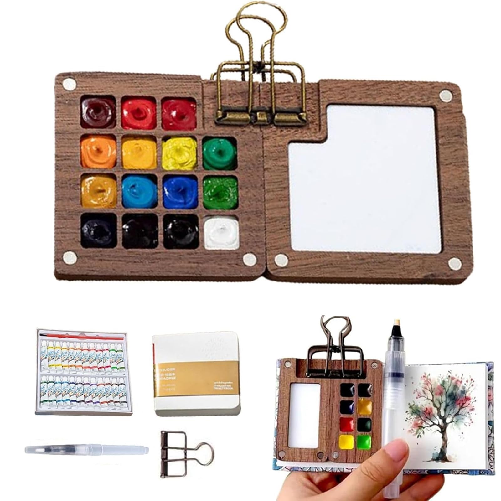 Mini kit per acquerelli, set di acquerelli, 2025 nuovo set di acquerelli da viaggio con clip pennello penna album da disegno (8 griglie+12 acquerelli)