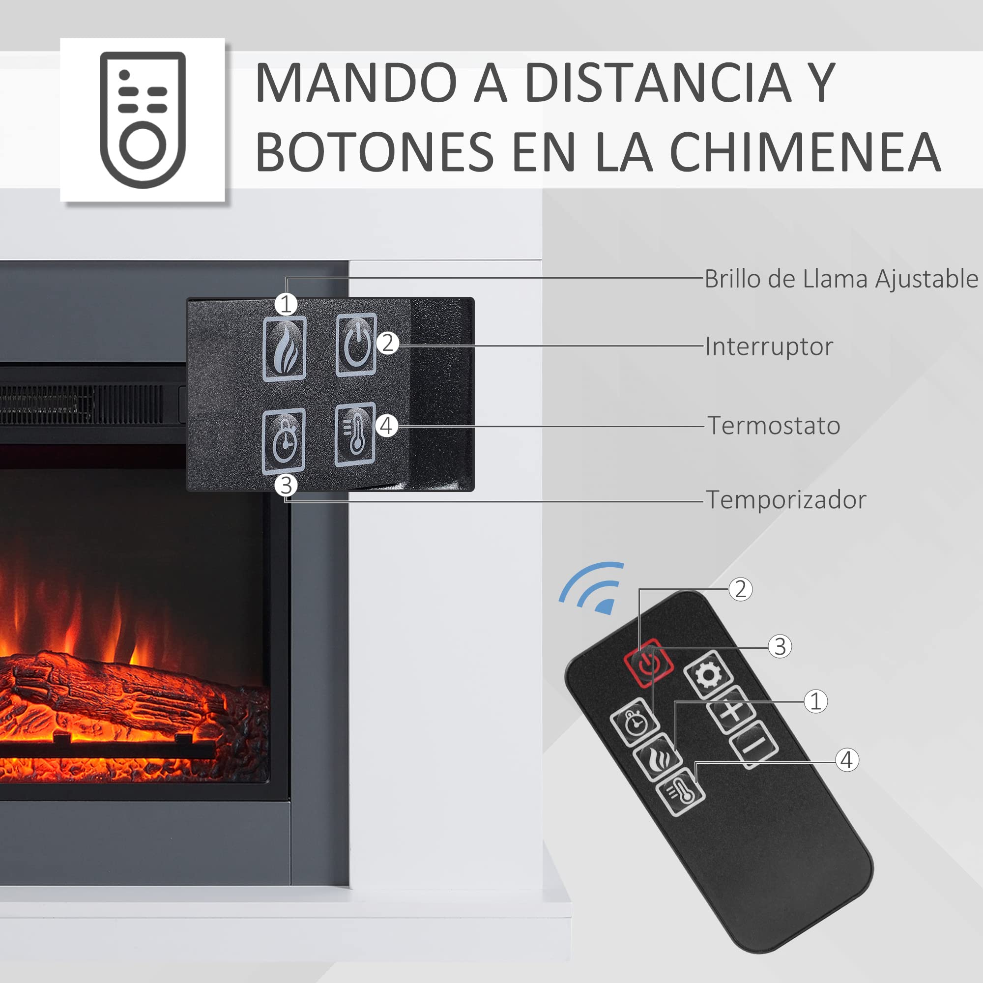 HOMCOM Chimenea Eléctrica 1800W-2000W Llama Ajustable para 37 m² Blanco