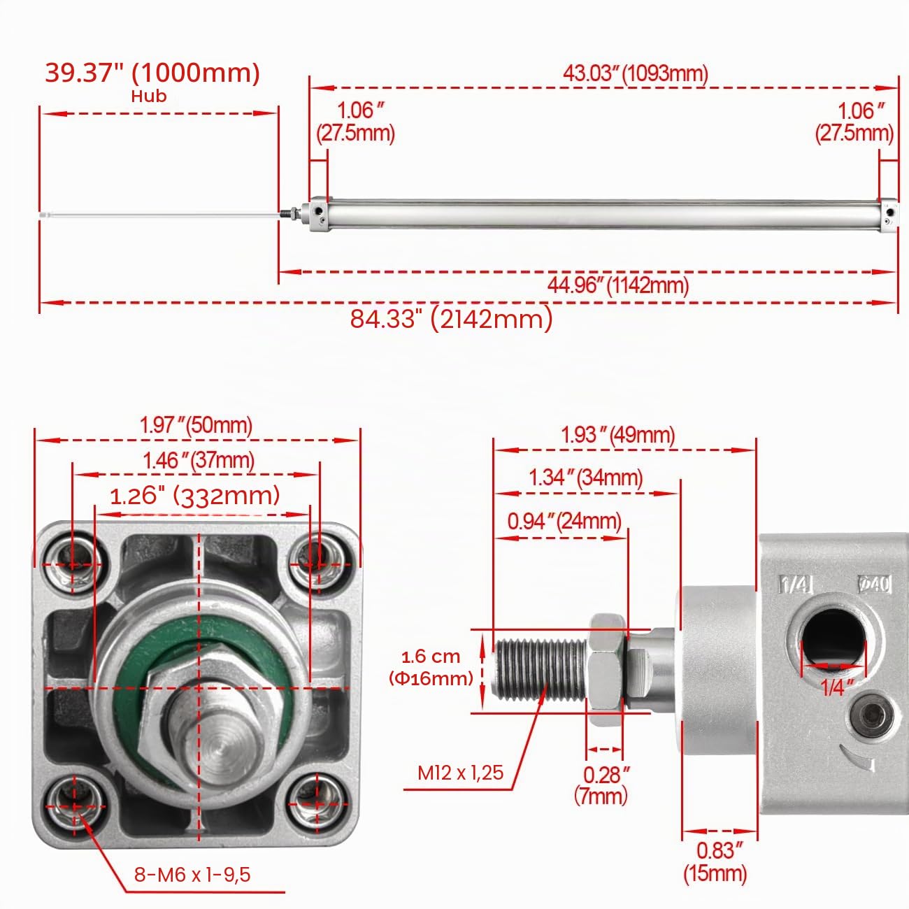 Heschen Pneumatischer Standardzylinder, SC 40-1000, PT1/4-Zoll-Anschluss, 40 mm Bohrung, 1000 mm Hub, doppeltwirkend