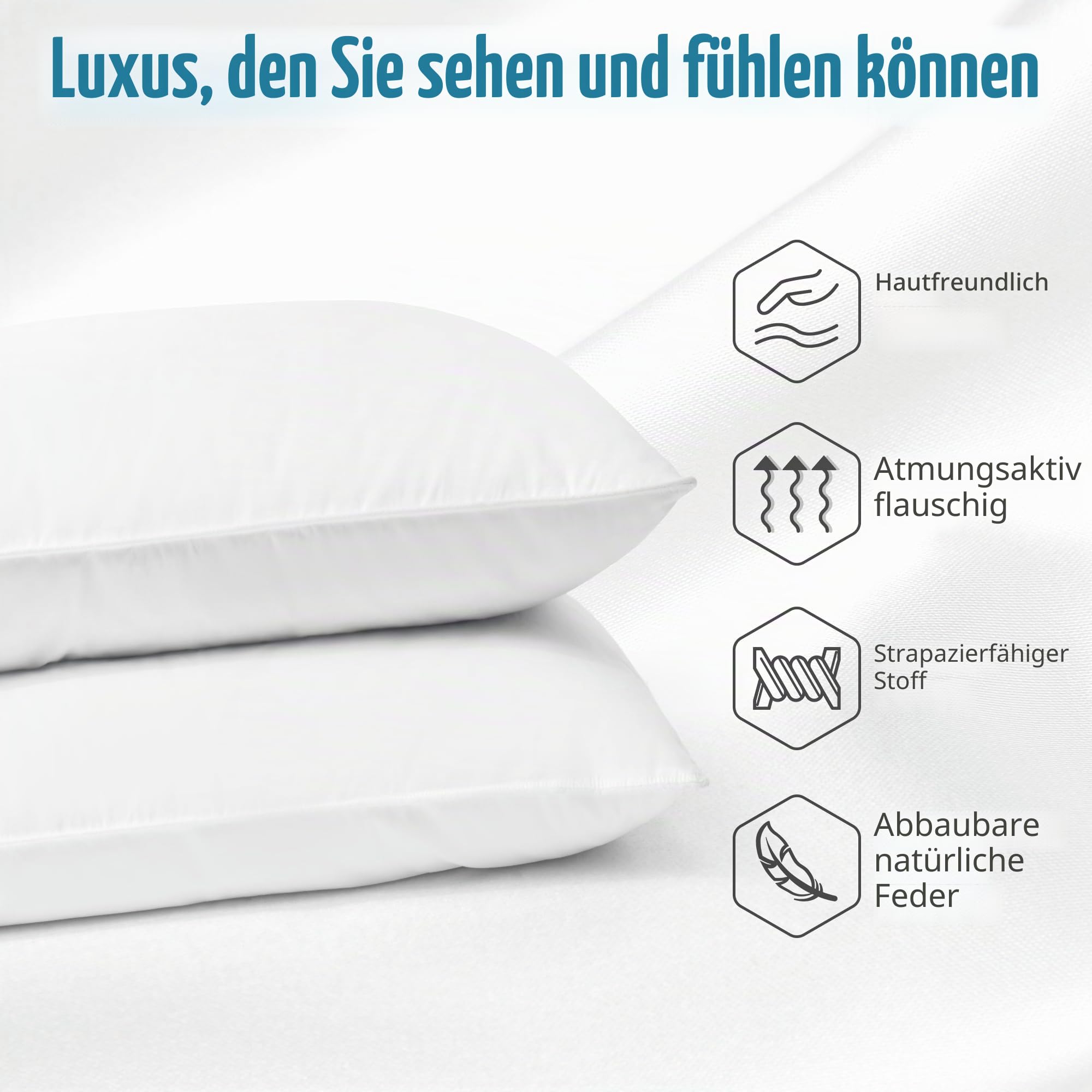 Deodar Daunenkissen Federkissen 80x80 | 2er Set | Für Allergiker Geeignet | 1KG Füllungen | 3 Kammer Atmungsaktiv Hotel Qualität Kopfkissen | Baumwollbezug | Waschbar | Öko-Tex RDS Zertifiziert