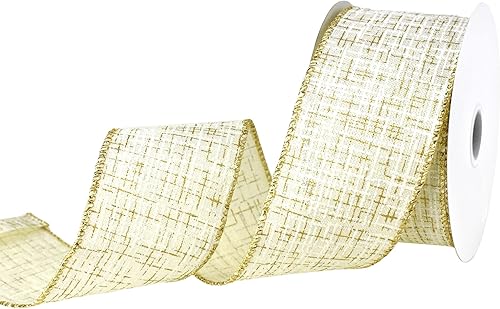 Miniatura 3 de Homeford Elegante cinta de lino sintético con textura a rayas, 2-12 pulgadas, 10 yardas, marfildorado