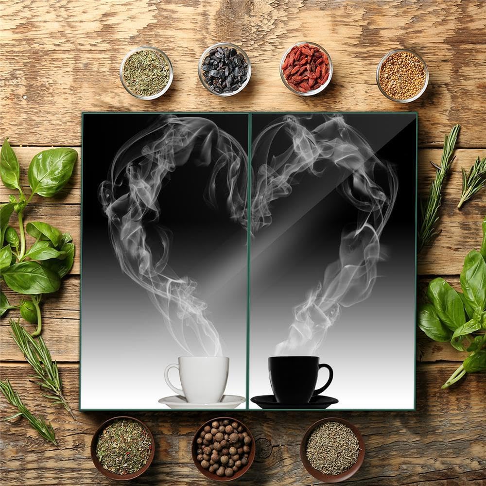 Herdabdeckplatte Abdeckung Ceranfeld Abdeckplatte Schneidebrett 2-Teilig 60x52 Herz Kaffee Schwarz Spritzschutz Glasplatte Ceranfeldabdeckung Herdschutz Sicherheitsglas Glasschneidebrett 2x30x52