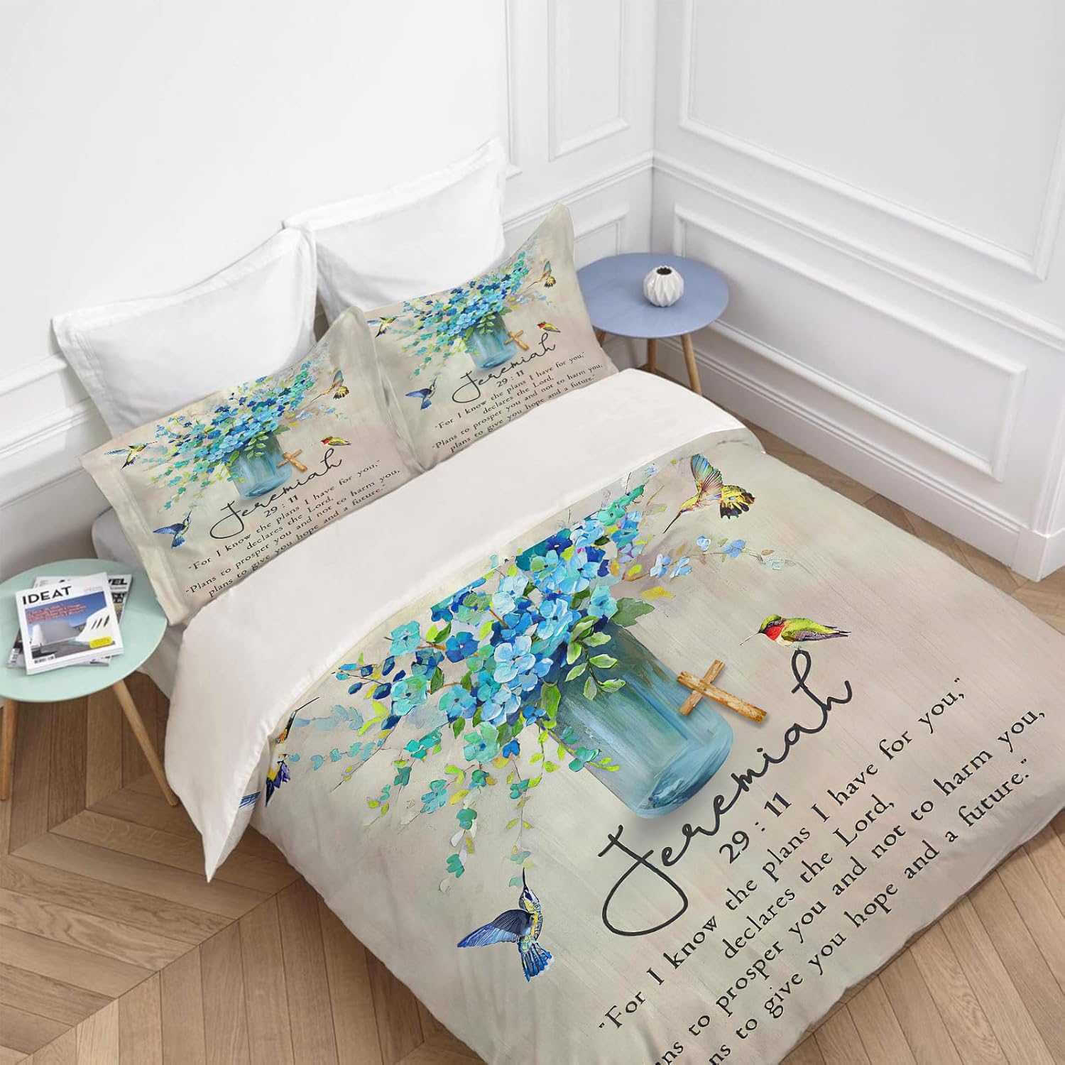 Christian Scripture Bedding Set Twin Full Queen King Size Religious Jeremiah Flower Duvet Comforter Cover Hummingbird Cozy Quilt Cover Decorative Soft Bed Sets with 2 Pillowcases for Kids Adults