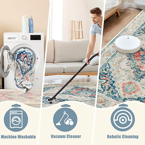 Miniatura 5 de Alfombra azul de 5 x 7 pies, lavable, bohemio, grande, antideslizante, suave, oriental vintage, para sala de estar, comedor, guardería, hogar,