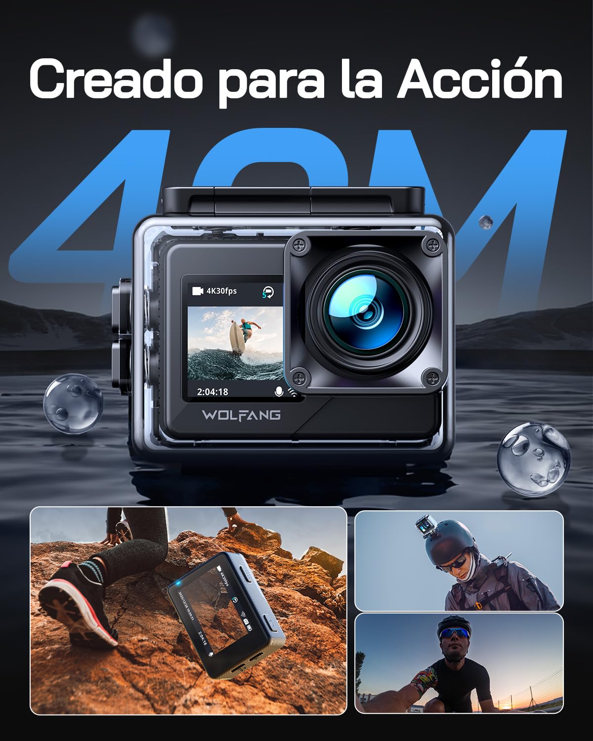 WOLFANG Cámara Deportiva GA120 4K 30FPS, 20MP Doble Pantalla Videocámara,Cámara SubacuáTica Buceo 40m,170° Gran Angular con EIS,Micrófono Dual, Control Remoto,2 Baterías,Multi Accesorios