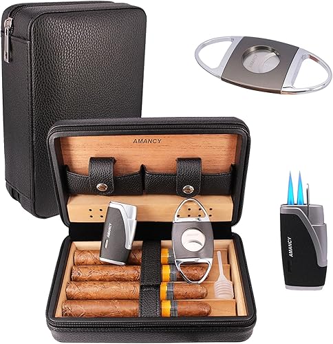 AMANCY Hecho a mano de cuero negro clásico 4 cigarros estuche de viaje humidor con cortador y encendedor, gran accesorio de cigarro juego de regalo disponible en Yaxa Guatemala