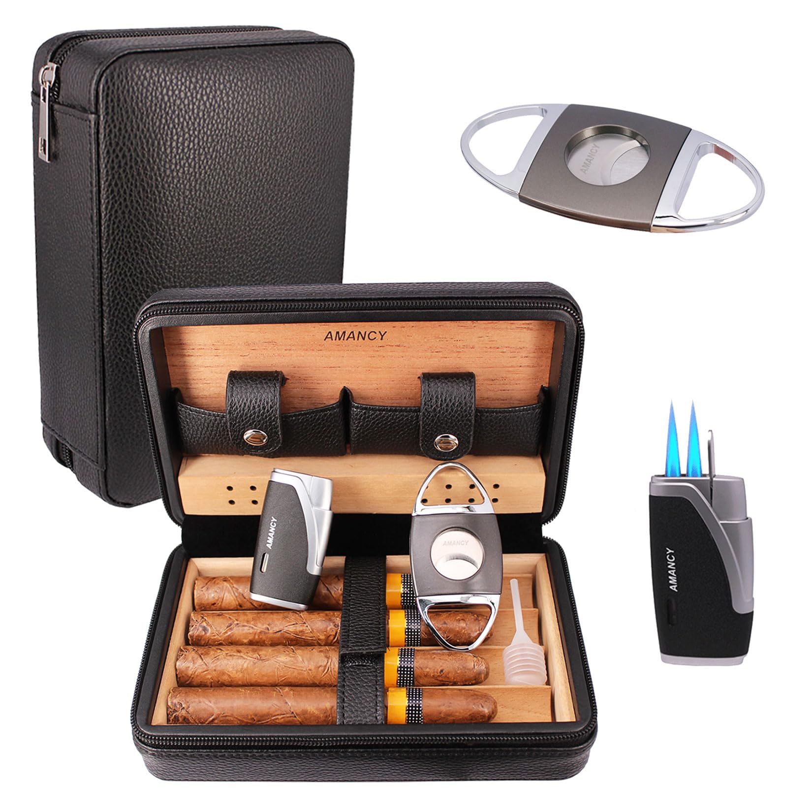 AMANCY Handcrafted Classic Black Leather 4 Cigar Travel Case Humidor with Cutter and Lighter Great Cigar Accessory Gift Set
