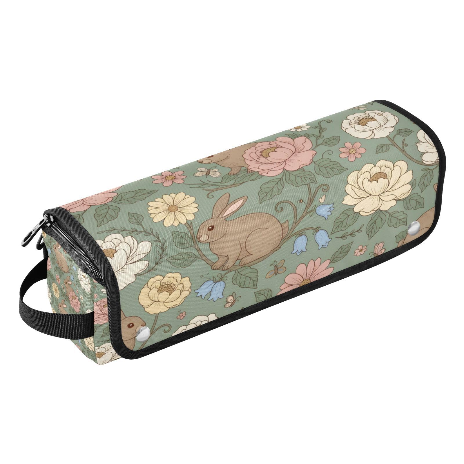 Rabbits and Flower Hair Tools Travel Bag Portable Hair Accessory Organizer with Heat Resistant Mat 2 in 1