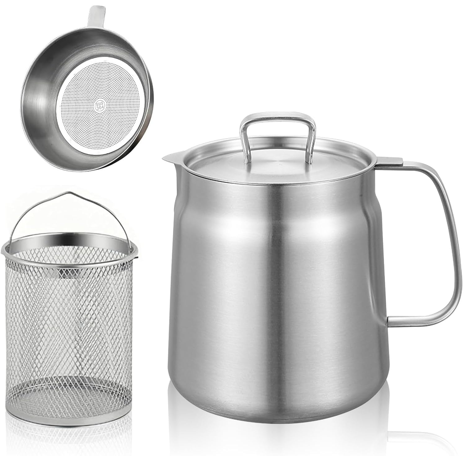Pentola per frittura con filtro a maglia fine, in acciaio inox, contenitore per olio da 2 l e contenitore per grasso per frittura e grasso, utensili da cucina per separare alimenti e olio
