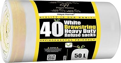 Haya Home 50L Litre 40 Drawstring Bin Bags Heavy Duty Swing Bin Liners, White Plastic Refuse Sacks tie top handle large Waste Dustbin Bags for Kitchen Home Office DIY Garden 100% Recycled Material