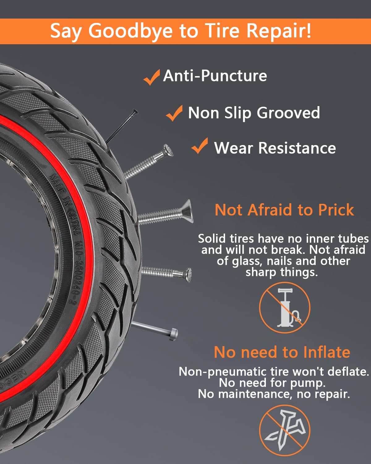 VOLOHAS 60/70-6.5 Solid Rubber Tyres 10 x 2.5 Electric Scooter Tire for Segway Ninebot Max G30 / G30E / G30LP Front or Rear Honeycomb Tyres Anti-Slip Puncture Proof (Red Stripes 2 PCS) - Image 3