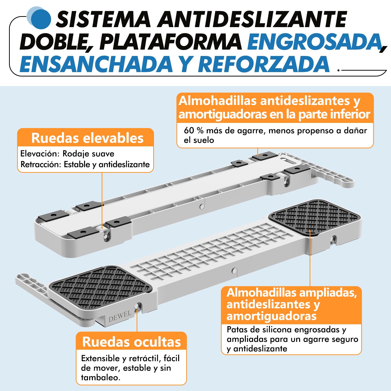 DEWEL Base Lavadora con Ruedas Elevables, Soporte para Frigorífico y Secadora, Fácil de Mover, Antivibración, Carga Máxima 500 Kg, Altura 3,4 cm,Blanco (Anch: 33–55 cm, Larg: Ilimitado)