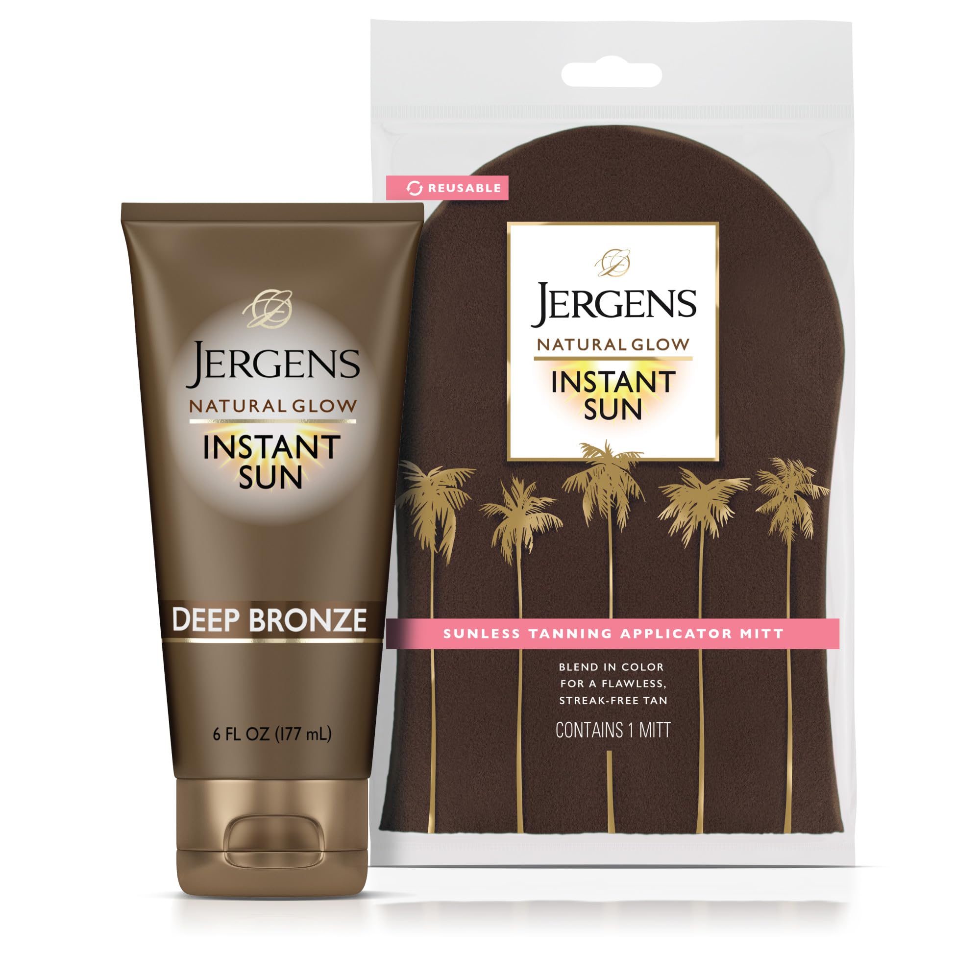 Jergens Natural Glow Instant Sun Bundle: Deep Bronze Sunless Tanning Moisturizer + Bronzing Lotion, 6oz Bottle and Applicator Mitt