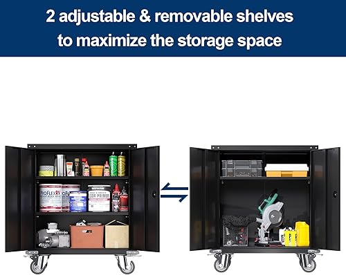 Miniatura 7 de Aobabo Armario de almacenamiento de metal de 35.4 pulgadas con ruedas, gabinete de almacenamiento de herramientas con cerradura para el hogar,